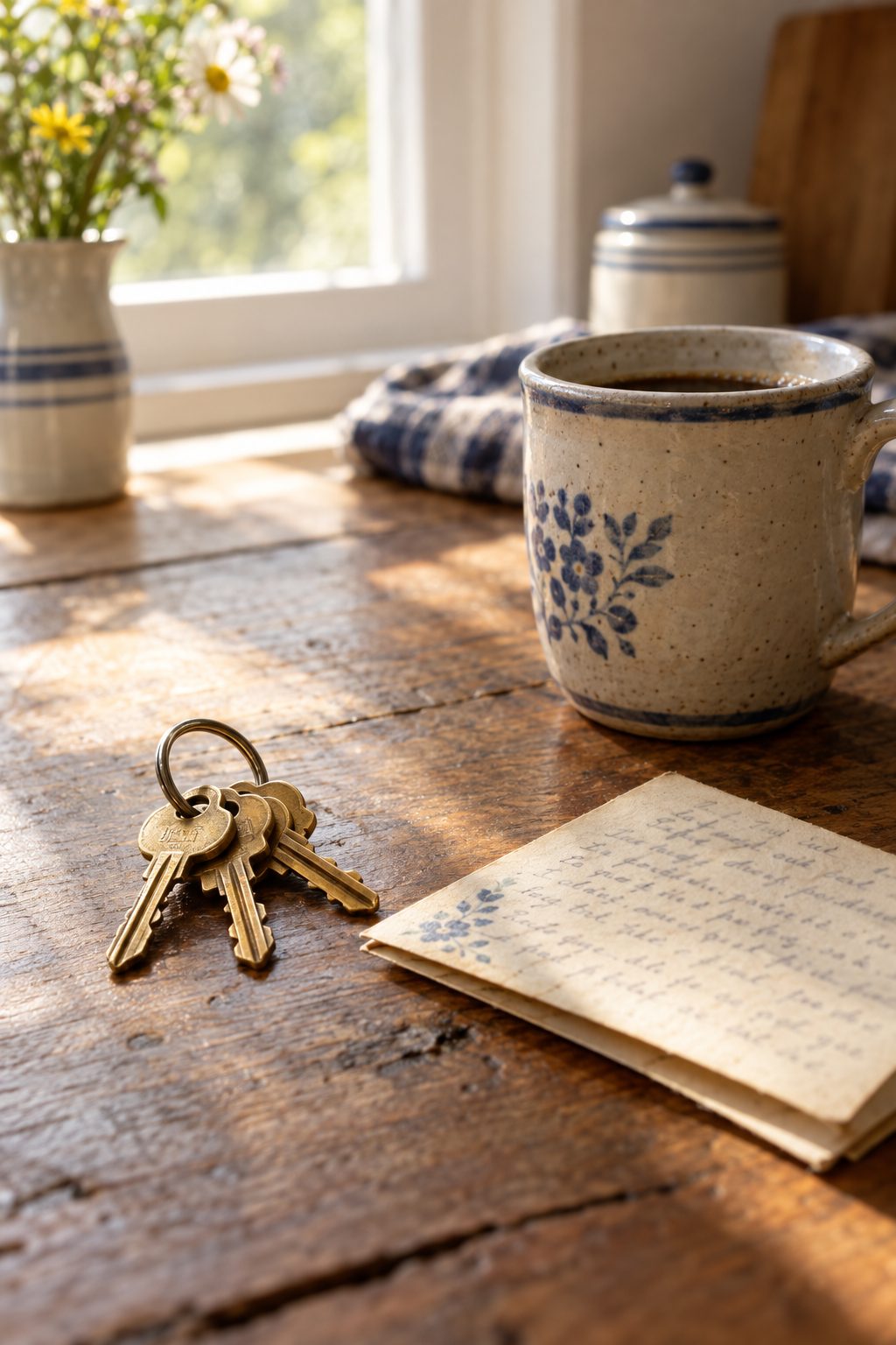House keys and a coffee mug resting on a worn kitchen table in morning light