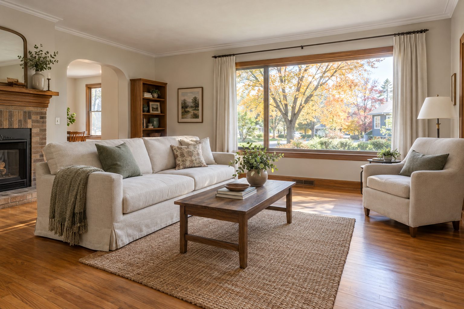 A bright, freshly cleaned living room with hardwood floors and a large window